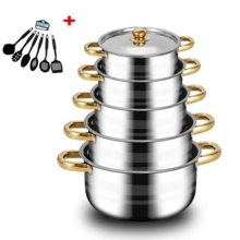 Set Of 12 Stainless Steel Saucepans Cookware Cooking Pots Set+Spatula Accessory - Gold - View 4