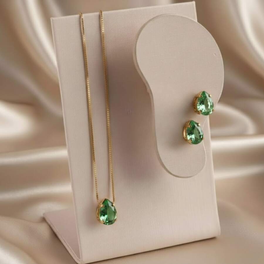 MANAUS DROP NECKLACE AND EARRING SET - GOLD FINISH - TOURMALINE XANH - Xem 1