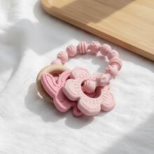 1pc Pink Flower Rabbit Textured Silicone & Wooden Teething Ring, Baby Sensory Toy, Relieve Teething Pain - Multicolor - View 5