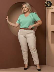 Women's Plus Size Short Sleeve Elegant Blouse – Plain Duna Fabric, Sizes GG, G1, G2, G3, Summer, Work - 薄荷綠 - 查看 9