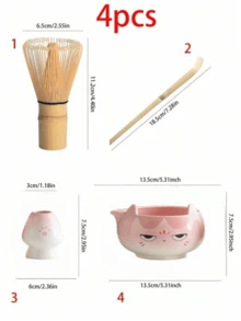 1pc/5pcs Ombre Cat Matcha Tea Set, Includes Matcha Bowl, Matcha Whisk, Matcha Cup, Stirrer, Tea Spoon, Tea Bowl Set, Matcha Preparation Tools, Dessert & Beverage Making Tools, Japanese Gift Box, Matsukane Matcha Stirring Set, Gift For Matcha Lovers - Multicolor - View 4