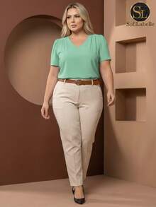 Women's Plus Size Short Sleeve Elegant Blouse – Plain Duna Fabric, Sizes GG, G1, G2, G3, Summer, Work - 薄荷綠 - 查看 8
