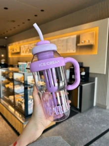 1pc High Capacity Water Bottle, Stylish Insulated Cup With Handle And Straw, Plastic Tumbler - Multicolor - View 7