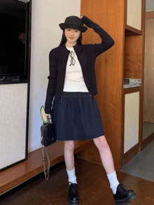 休闲弹力腰迷你裙，百搭显瘦，2026春夏新款女装系列 - 藏青色 - 查看 4