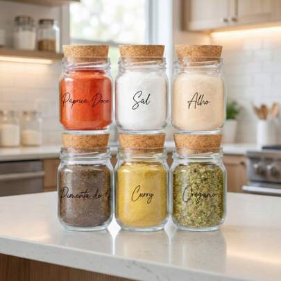 Kit Potes de Tempero 200ml + Cartela de Tempero com 28 Adesivos Transparentes