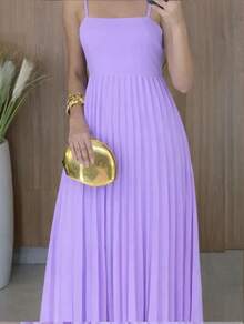 Long Pleated Dress With Tie Detail At The Back And Built-In Bra Cups. Elegant Party/Casual Style. Asymmetrical Fabric. Knot Detail. Open Back/Backless. Wedding Dress. - Màu Lilac Tím - Xem 4