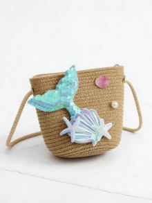 1个美人鱼主题儿童斜挎包，女孩公主单肩包，零钱包，草编包 - A - 查看 9
