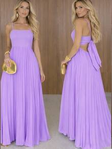 Long Pleated Dress With Tie Detail At The Back And Built-In Bra Cups. Elegant Party/Casual Style. Asymmetrical Fabric. Knot Detail. Open Back/Backless. Wedding Dress. - Màu Lilac Tím - Xem 1