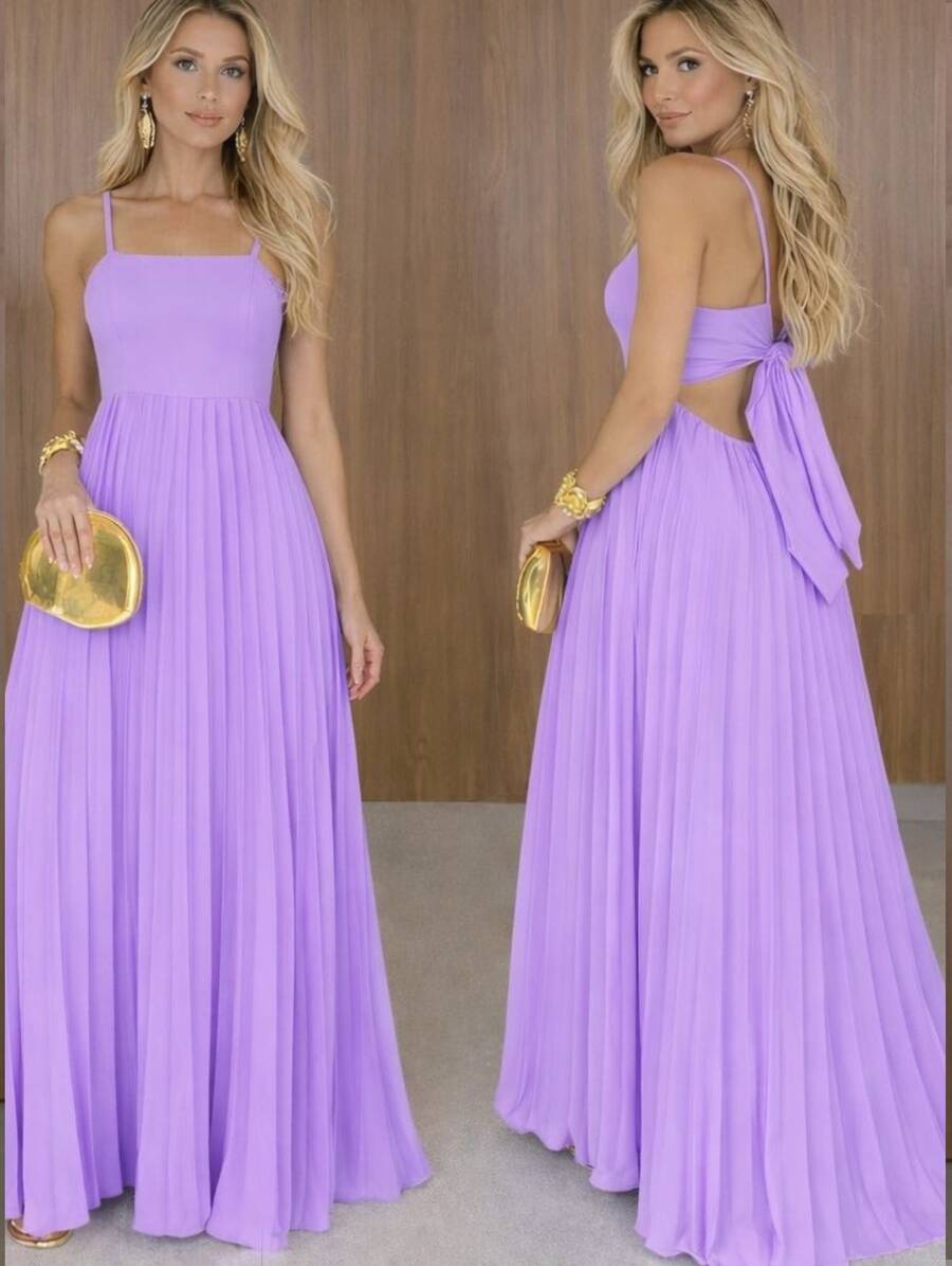 Long Pleated Dress With Tie Detail At The Back And Built-In Bra Cups. Elegant Party/Casual Style. Asymmetrical Fabric. Knot Detail. Open Back/Backless. Wedding Dress. - Màu Lilac Tím - Xem 1