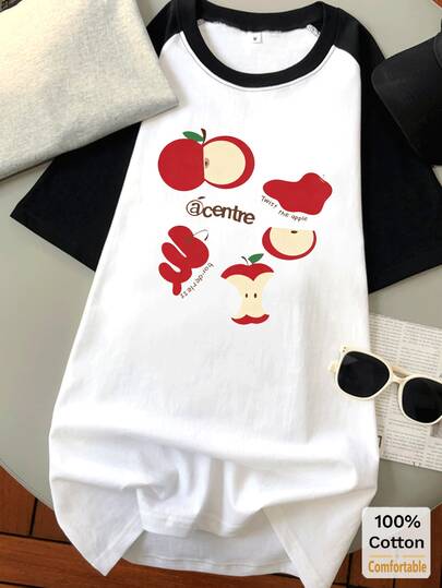 Apple Print Raglan Short Sleeve Mid-Length T-Shirt For Women, Stylish Black & White Casual Top