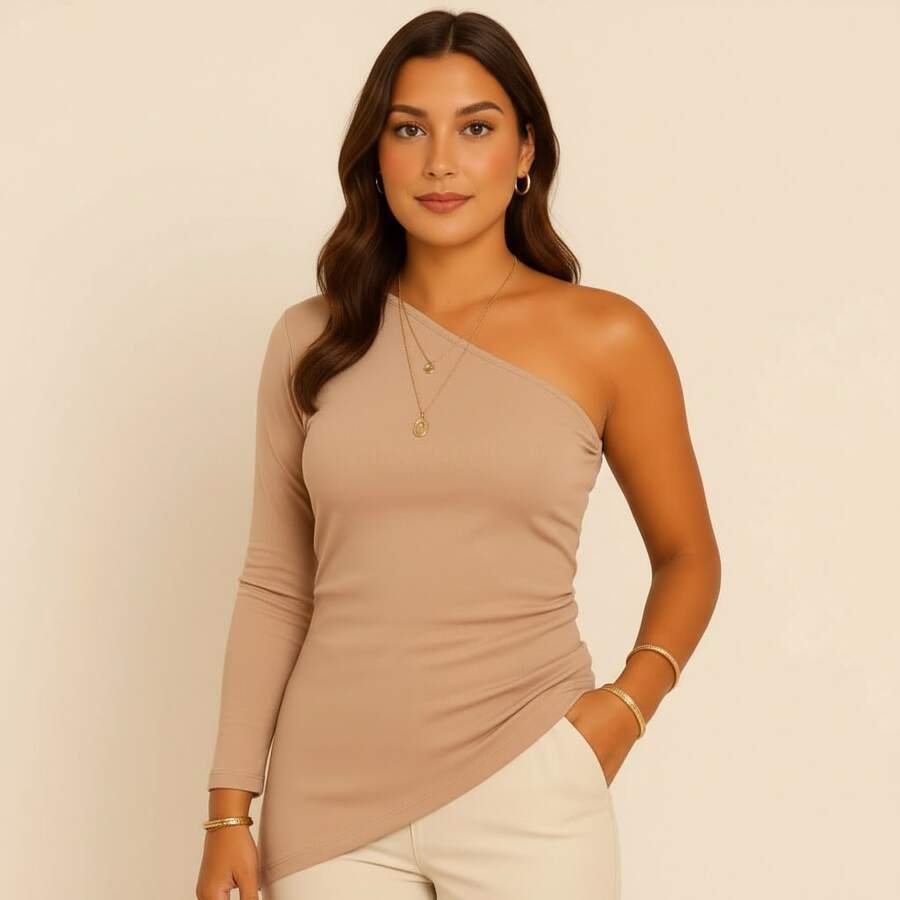 Women's Asymmetrical Blouse, One-Shoulder Sleeve, Long Ribbed Knit, Premium Basic, Stylish, Casual - Màu be - Xem 1