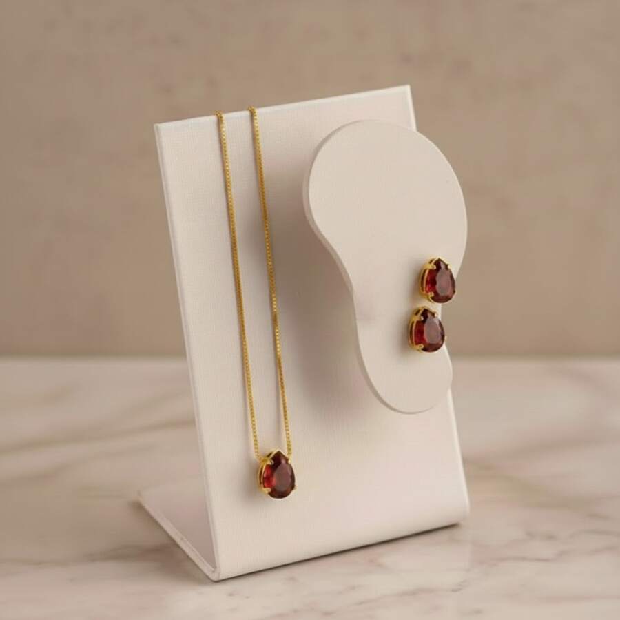 MANAUS DROP NECKLACE AND EARRING SET - GOLD FINISH - 紅色 - 查看 1