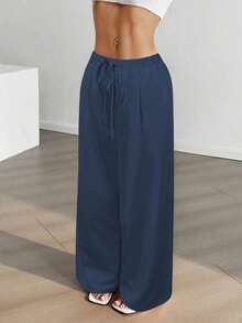 Multi-Color Drape Wide Leg Pants: Lightweight Woven Fabric + Elastic Drawstring Waist, Versatile For Commuting / Shopping / Casual Wear, Suitable For Dates, Students And Daily Outings. All-Match Versatile Style. - Navy Blue - View 8