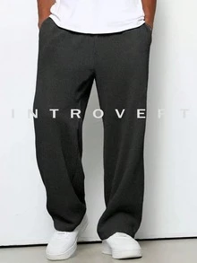 Men's Waffle Loose Straight Leg Pants, Casual Solid Color Retro Style, Autumn/Winter - Black - View 1