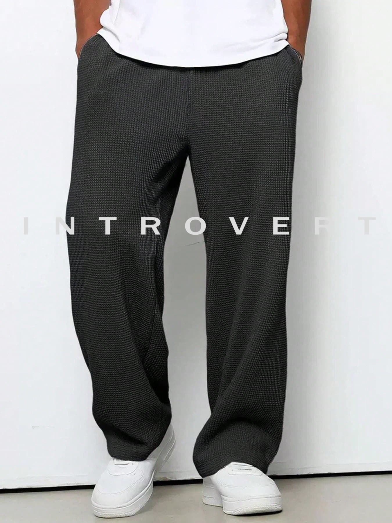 Men's Waffle Loose Straight Leg Pants, Casual Solid Color Retro Style, Autumn/Winter - Black - View 1
