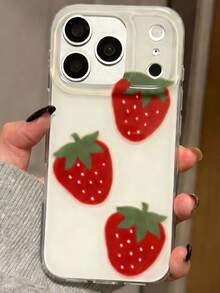 时尚可爱蝴蝶结草莓苹果亮面果冻白手机壳，兼容 17 Pro Max、17 Pro、17、16 Pro Max、16 Pro、16、15 Pro Max、15 Pro Max、15 Pro、15、14 Pro Max、14 Pro、14、13 Pro Max、13 Pro、13、12、11，简约可爱蝴蝶结防震软壳保护套 - 草莓 - 查看 5