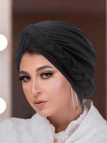 1顶新款多色编织侧边头带帽，纯色穆斯林头巾帽 - 彩色 - 查看 3