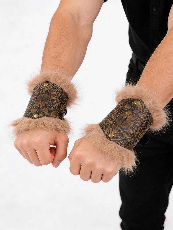 2pcs PU Leather Viking Wrist Guards: Faux Fur Trimmed Skull Print Armor, Suitable For LARP, Renaissance Fairs And Cosplay
