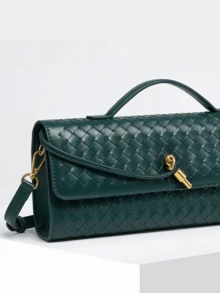 New Arrival Black Woven Leather Clutch Bag - Fashionable Long Purse With Convertible Handle & Crossbody Strap, Gold Accent Lock, Ideal For Spring/Summer, Versatile Shoulder/Crossbody Bag For Daily & Formal Use - 綠色 - 查看 5