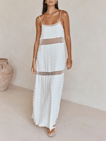 New Arrival Summer Elegant Sexy Sheer Mesh Patchwork Slip Dress For Women White
