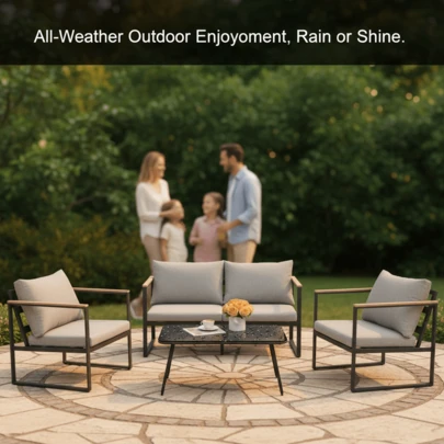 Modern 4-Piece Outdoor Patio Furniture Set – Iron Frame With Faux Wood Armrests, Cushioned Loveseat, Two Chairs & Glass-Top Coffee Table – Ideal For Garden, Deck, Porch, And Backyard