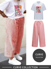Plus Size Women's Printed Loose T-Shirt & Gingham Long Length Two Pieces Set | Must-Have For Valentine's Day, Daily & Vacation Outfits,2026 Spring Summer Elegant - Đỏ - Xem 2