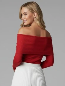 Long-Sleeved -Style Blouse, Ribbed Knit Fabric, Off-The-Shoulder Style, Autumn/Winter Fashion. New Release. - Red - View 2