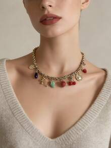 1件创意简约设计绳链锌合金樱桃茄子吊坠项链，女士休闲款 - 穿繩項鍊 - 查看 7