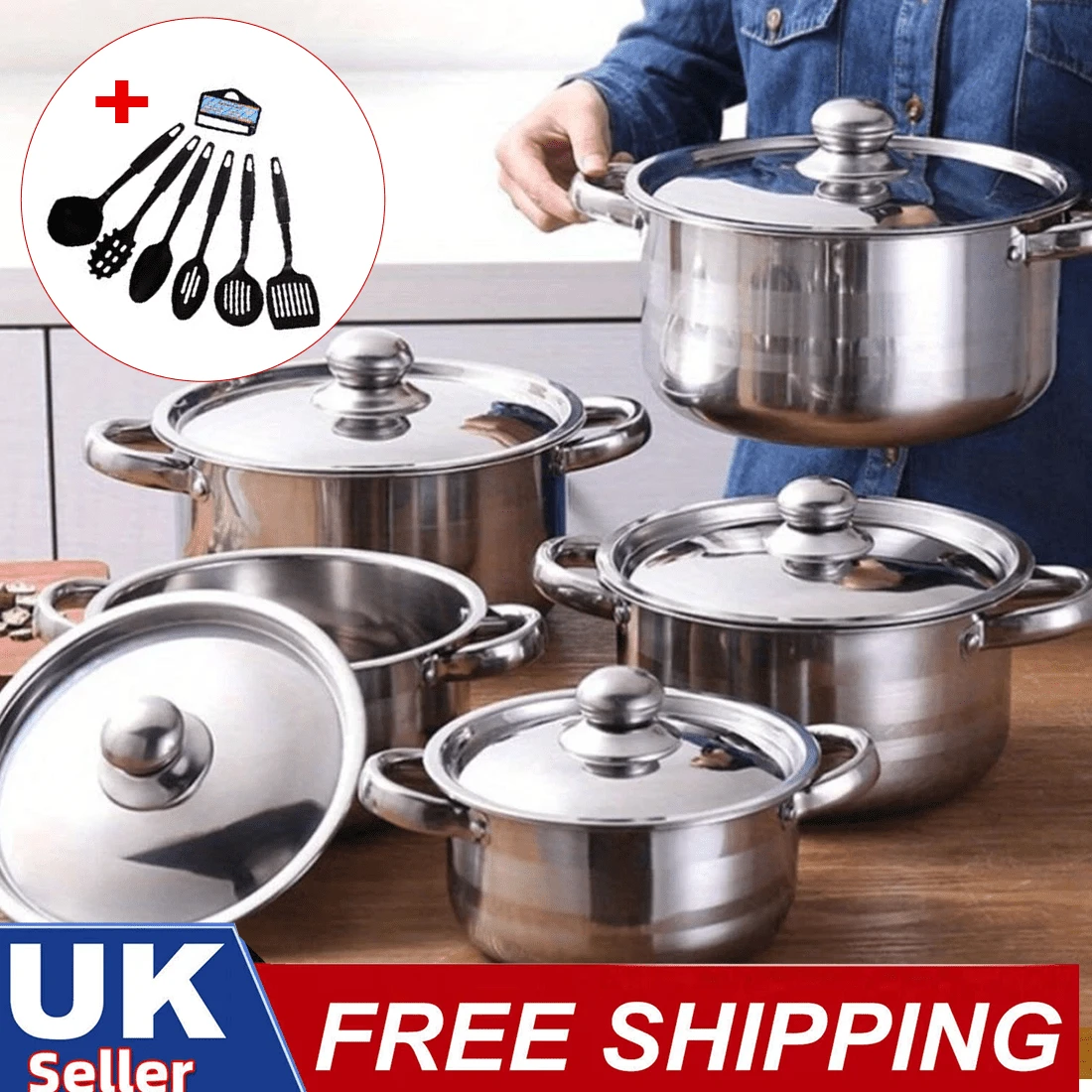 Set Of 12 Stainless Steel Saucepans Cookware Cooking Pots Set+Spatula Accessory - Silver - View 1