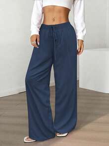 Multi-Color Drape Wide Leg Pants: Lightweight Woven Fabric + Elastic Drawstring Waist, Versatile For Commuting / Shopping / Casual Wear, Suitable For Dates, Students And Daily Outings. All-Match Versatile Style. - Navy Blue - View 7