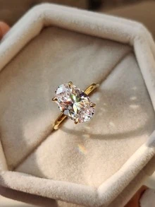 1枚优雅奢华925纯银四爪椭圆形戒指，女士生日派对珠宝礼物 - 金色 - 查看 5