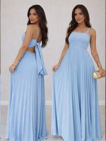 Long Pleated Dress With Tie Detail At The Back And Built-In Bra Cups. Elegant Party/Casual Style. Asymmetrical Fabric. Knot Detail. Open Back/Backless. Wedding Dress. - 淺藍色 - 查看 3