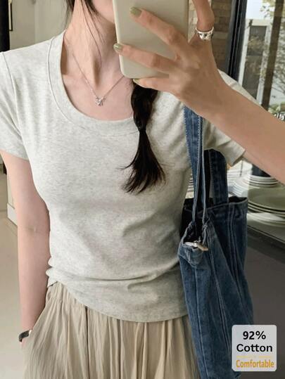 2026春夏新款花卉灰色短袖T恤女款，修身纯色打底衫