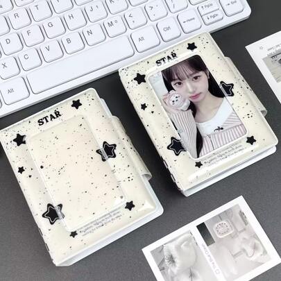 1本多卡槽星形活页笔记本，单包装，可拆卸活页结构，黑白泼墨星形图案，棋盘格装饰，适用于日记、卡片收纳、办公/日常记录、通勤整理，黑白活页笔记本，适用于文具、学习用品、毕业/生日礼物