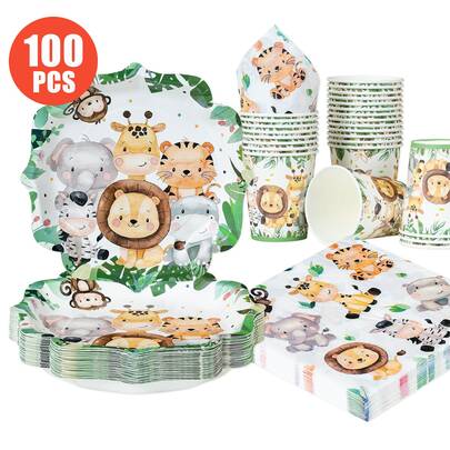 Jungle Animal Petal Shaped Disposable Plates, Napkins, Cups - One-Time Party Supplies Set, Suitable For 25 Guests, Disposable Paper Plates Party Tableware For Birthday, Wedding, Picnic Themes