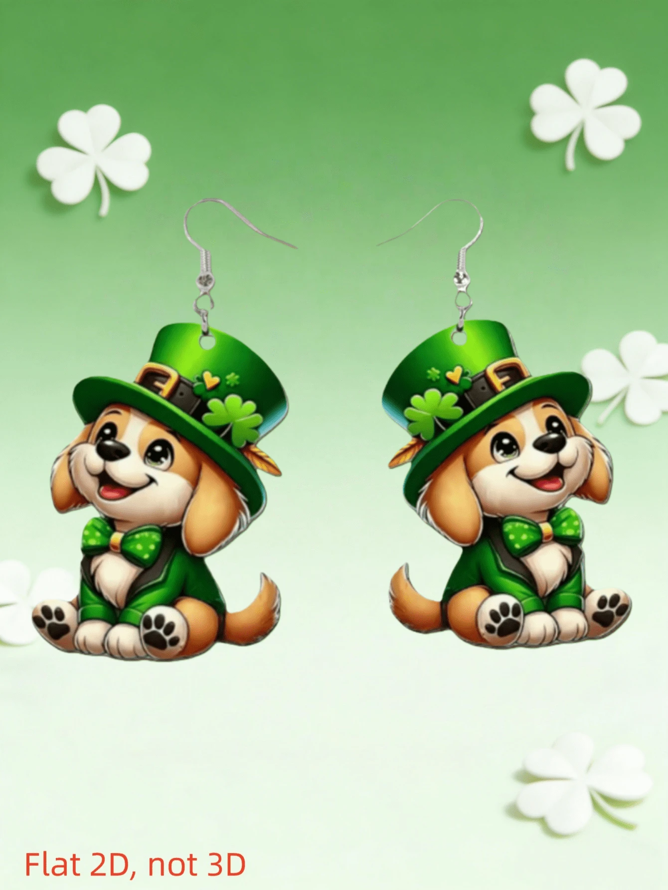 2只可爱狗狗戴帽子吊坠耳环，四叶草元素设计，宠物狗圣帕特里克节耳环，扁平亚克力耳环，适合日常和派对佩戴，精致礼物 - 三葉草小狗 - 查看 1