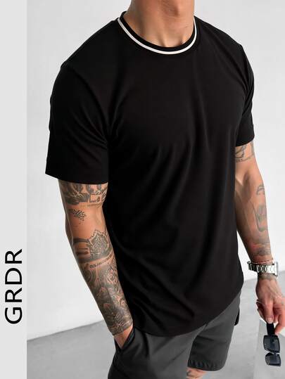  GRDR Men's Ribbed Collar Contrast Color Short Sleeve T-Shirt, Loose Fit Versatile, 1 Piece