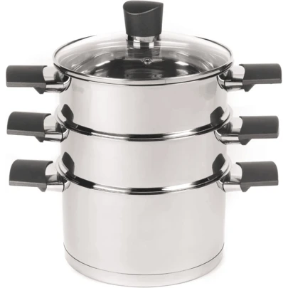 Excellence 3 Tier Steamer – 18 Cm Cooking Pots With Tempered Glass Lid, Non-Stick Coating, Stainless Steel, Vegetable Steaming Pan, Induction Suitable, Soft Touch Handles
