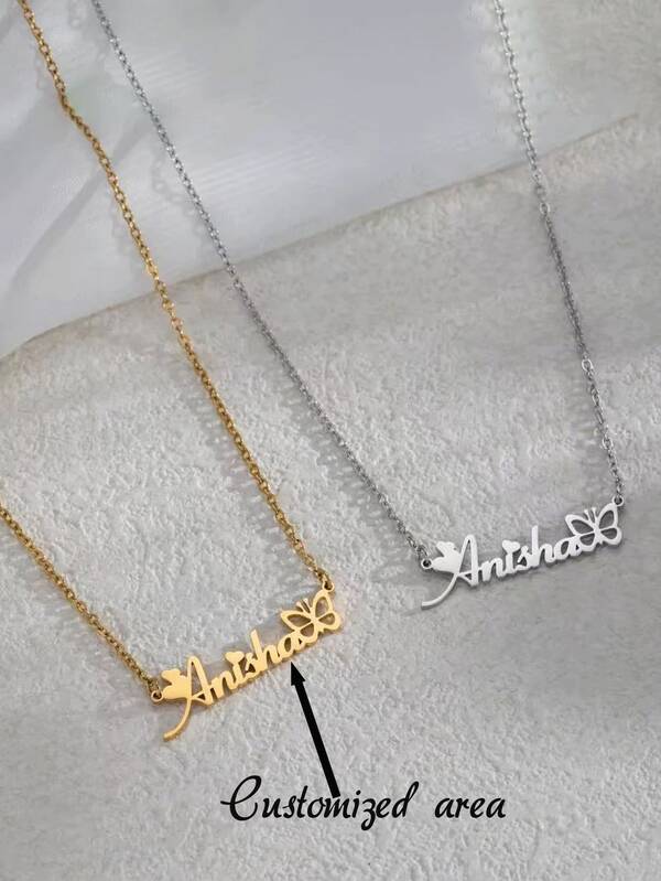 Customized Heart And Butterfly Font Name Necklace, Each Name Can Be 1-10 Characters Long. Personalized Jewelry Can Be Customized With Your Own Name.