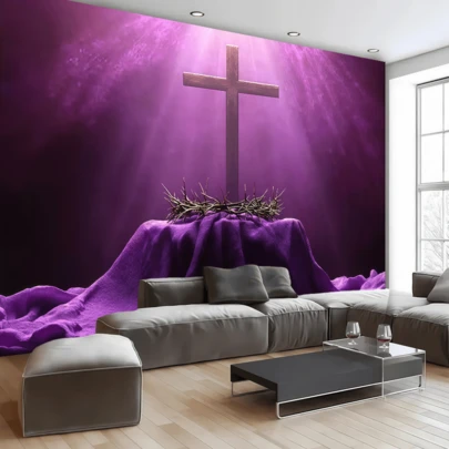 1件2D紫色复活节十字架背景横幅，基督教摄影背景，带荆棘冠冕和光环，复活节派对装饰，大型派对用品和礼品入口装饰，房间和花园墙面装饰