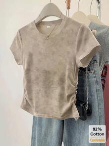 新款卡其色短袖T恤女装，露脐休闲上衣，抽绳设计，时尚显瘦，春夏款 - 卡其色 - 查看 3