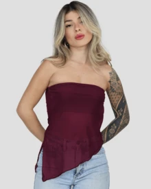 Women's Basic Translucent Tropical Floral Cropped Tube Top With Transparent Tulle, Strapless, Summer Style, Lining, Aitona - BOARD - View 2