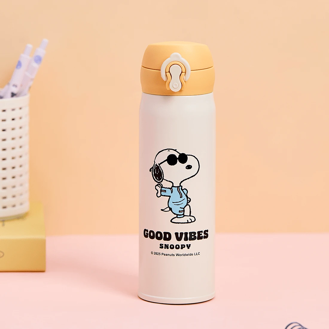 Miniso Cute Snoopy Insulated Cup With Pop-Up Lid - 450ml Thermal Tumbler For Hot & Cold Drinks, Beach Diary Series - Yellow - View 1