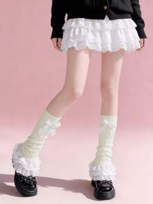 1 Pair Black/White Sweet Bow Knot Lace Ruffle Leg Warmers, Winter New Lolita Style - Multicolor - View 8