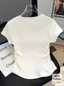 New Spring/Summer White Cropped Short Sleeve T-Shirt, Drawstring Design, Flattering, Stylish Women Top Casual - White - View 8
