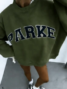 2026 Unisex Casual "PARKE" Letter Print Loose Pullover Sweatshirt, Encountering Lazy Fashion.Casual Daily Wear,Winter Clothes For Women,Clothes,Hoodie,Tops,Spring Break,Long Sleeve Tops Women - Green - View 7