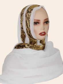 1件装女士雪纺时尚优雅穆斯林头巾，拼接印花设计，饰以水钻，中东风格长款围巾 - 豹紋拼接長巾 - 查看 14