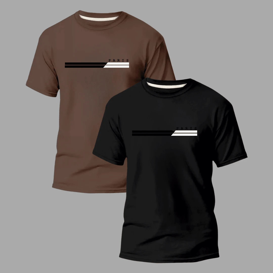 Kit Of 2 Men's Comfortable Slim Fit T-Shirts, 100% Cotton, Premium Streetwear, Paris DTF Premium - 黑色/棕色 - 查看 1