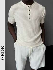 GRDR Men's Henley Collar Short Sleeve Knit Sweater Top, Striped Slim Fit Summer New Arrival - White - View 2