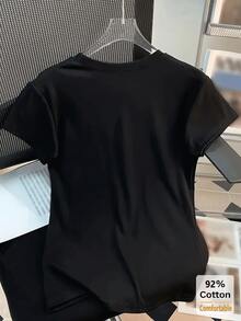 2026 Spring/Summer New Black Short Sleeve T-Shirt, Versatile Solid Color Top, Casual Slim Fit Undershirt For Women - Black - View 10